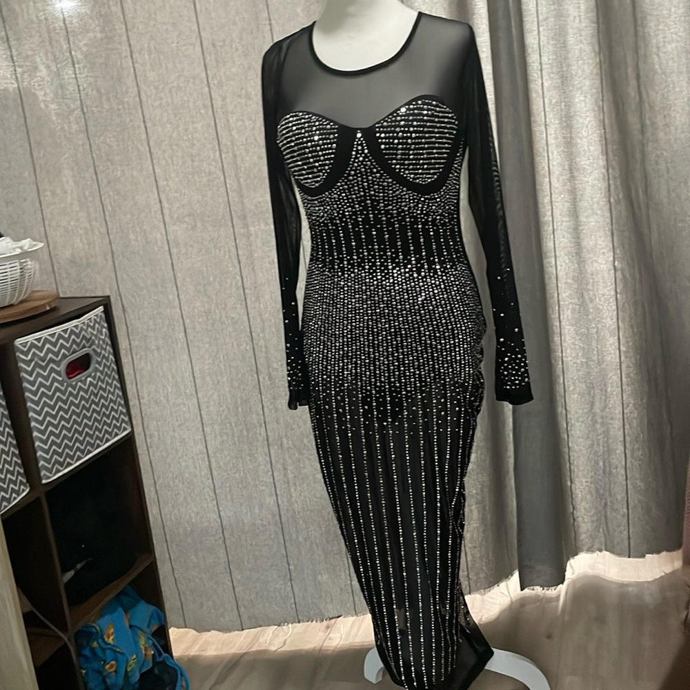 Corset Long Sleeve Silver Sequin Evening Gown
